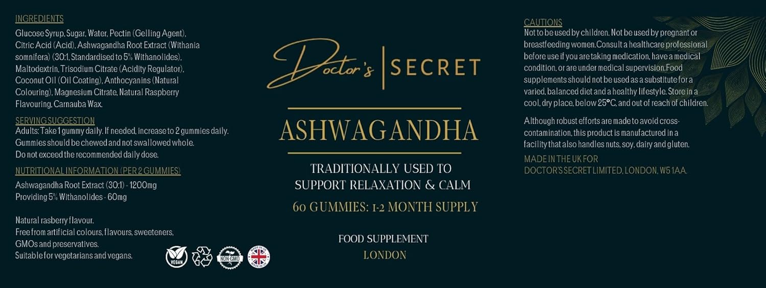 Doctor's Secret Ashwagandha Gummies | 5% Withanolides | Vegan | Natural Food Supplement Used to Support Stress, Anxiety, Sleep and Mental &amp; Physical Performance | Non-GMO | Made in The UK